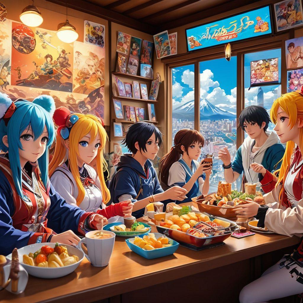 A vibrant and colorful scene capturing an otaku gathering, filled with enthusiastic fans dressed in elaborate anime costumes, surrounded by large, eye-catching posters of popular characters showcasing exaggerated features. Include a gaming setup with screens displaying popular anime-inspired games, while a group of friends joyfully interacts over plush figures and merchandise. Add elements like colorful snacks and drinks to emphasize the fun atmosphere. dynamic anime style. bright colors. detailed background.