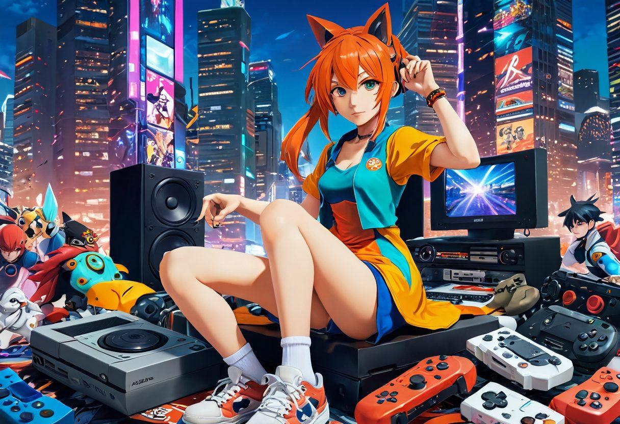 A vibrant, dynamic collage showcasing an anime character in an epic pose, surrounded by iconic gaming consoles and controllers. In the background, a stylized urban landscape merges elements from popular anime and video games, with fans cosplaying in colorful outfits. The overall feel should be energetic and inviting, reflecting the unity of anime and gaming culture. super-realistic. vibrant colors. 3D.