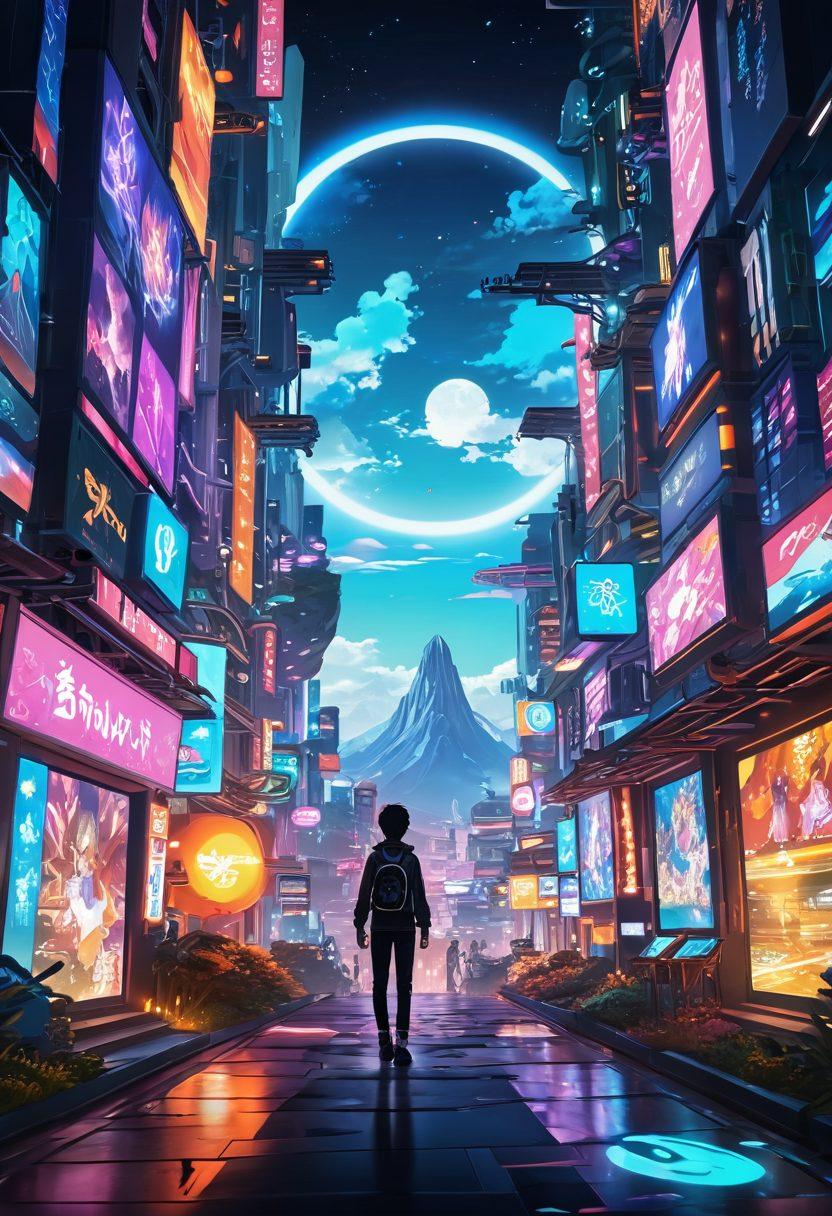 A dynamic scene depicting a character transitioning from an anime-style world into a vibrant gaming environment. The left side shows a colorful, hand-drawn anime landscape with whimsical elements, while the right side transforms into a 3D gaming arena filled with detailed graphics and interactive elements. Incorporate various gaming icons and avatars that bridge both worlds, with a glowing portal in the center symbolizing the transition. The color palette should be lively, capturing the essence of both anime and gaming aesthetics. super-realistic. vibrant colors. 3D.